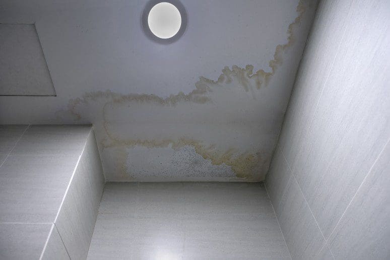 Signs of an active ceiling leak: visible water stains and discoloration spreading across the ceiling, indicating moisture intrusion. How to diagnose if a ceiling is an active leak?