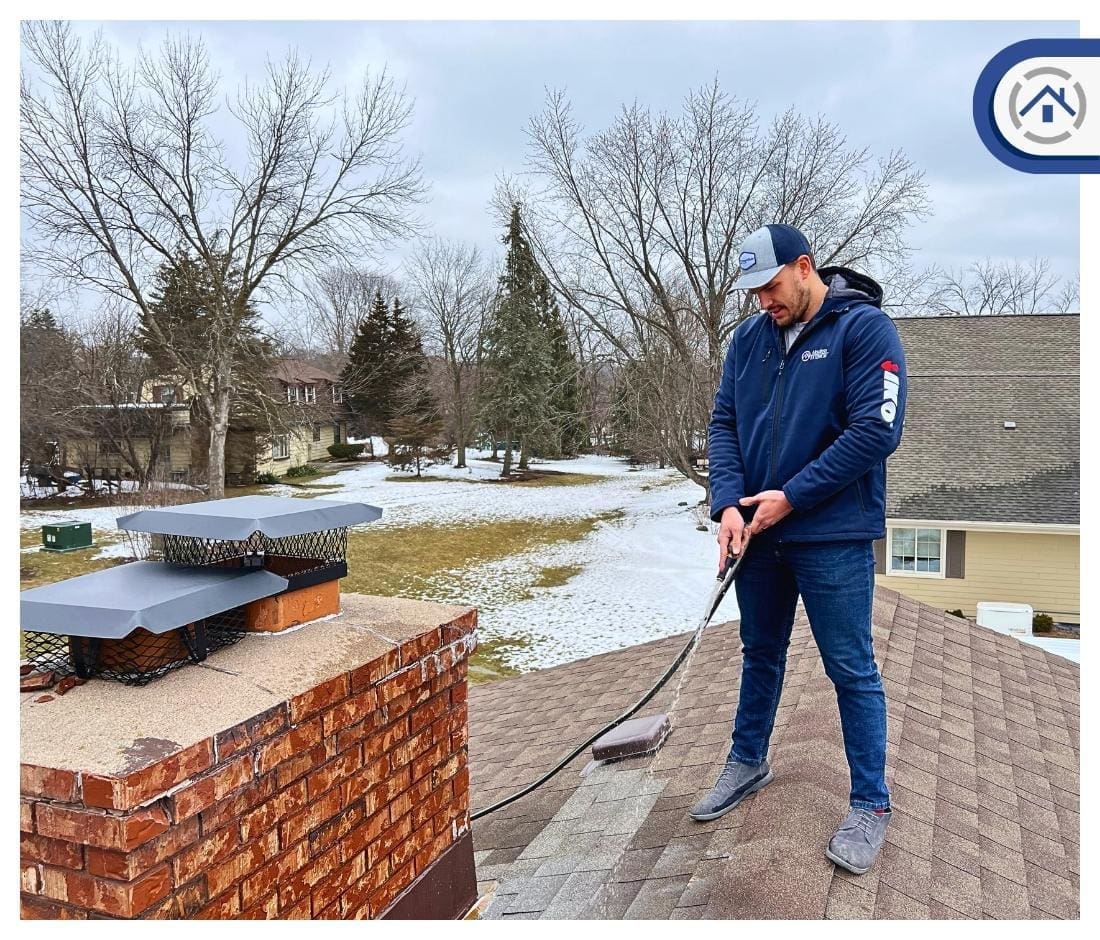 A guy water testing a chimney for leaks