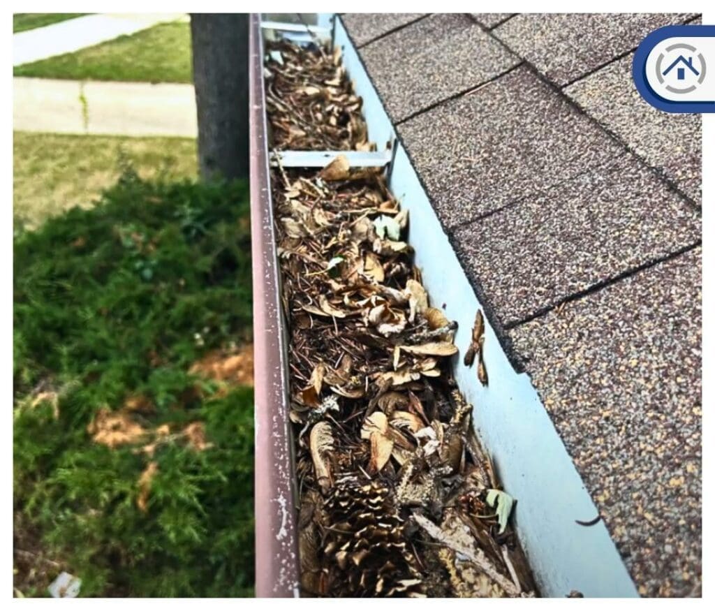 a clogged gutter needing gutter guards