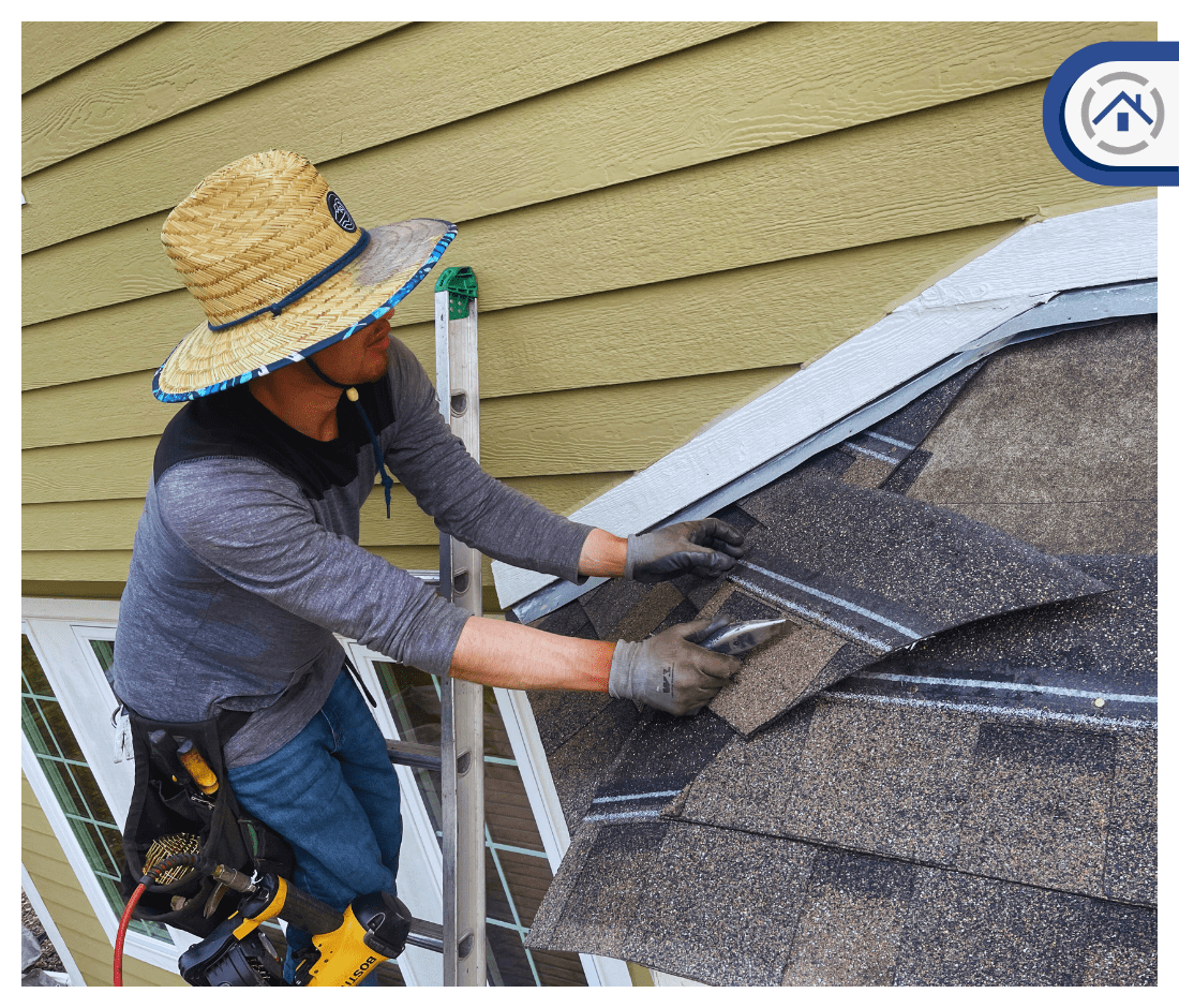 Man Shingling a small roof with a sombrero