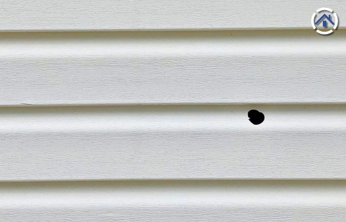 A hole in the siding caused by hailstone
