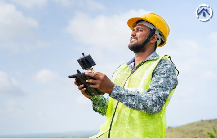 The Benefits of Drones in Roof Inspections — An inspector or contractor inspecting roof from the ground using a drone, no longer needs a ladder to climb the roof