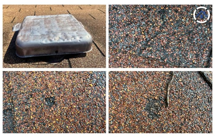 Different signs of hail damage on roofs and roofing accessory like vent