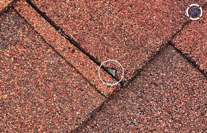 Exposed fiber glass matting on an asphalt shingle roof