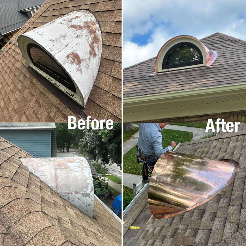 Before-and-after of historical Milwaukee dormer roof restoration with handcrafted copper roof, surrounding dimensional shingles, and upgraded trim by Modern Exterior