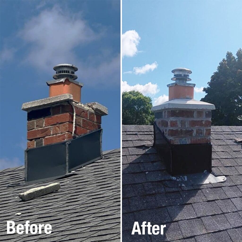 Before and after comparison of chimney repair with new concrete crown and professional tuckpointing by Modern Exterior