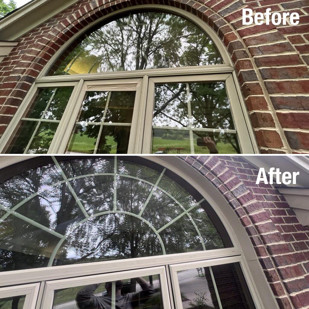 Before-After of Cedarburg home showing new energy-efficient replacement windows, including custom round window, installed by Modern Exterior