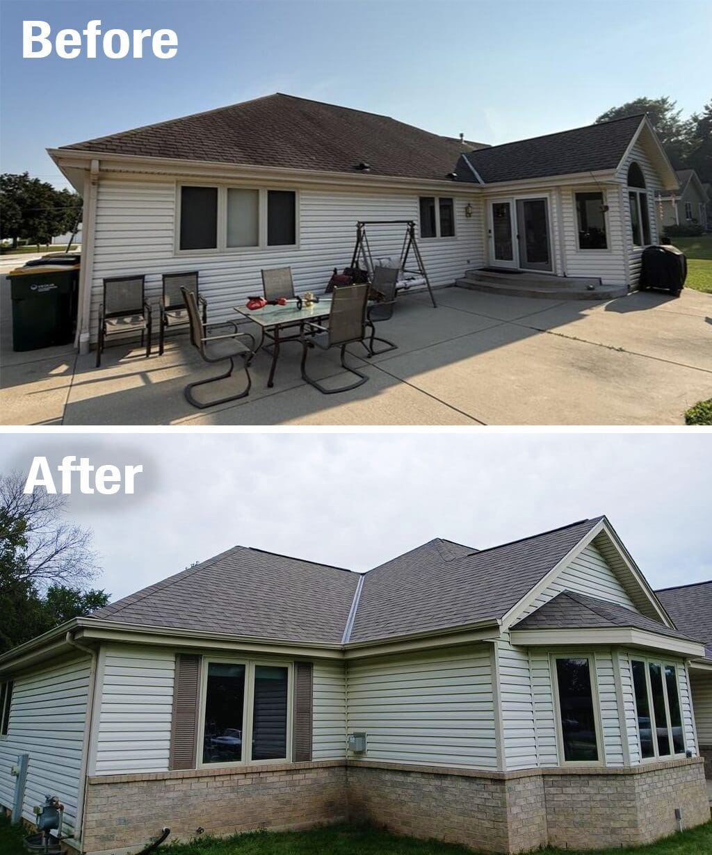 Before-and-after comparison of hail damage roof replacement on Hales Corners home with new IKO Cambridge Weatherwood shingles, Class 3 hail-resistant, installed by Modern Exterior