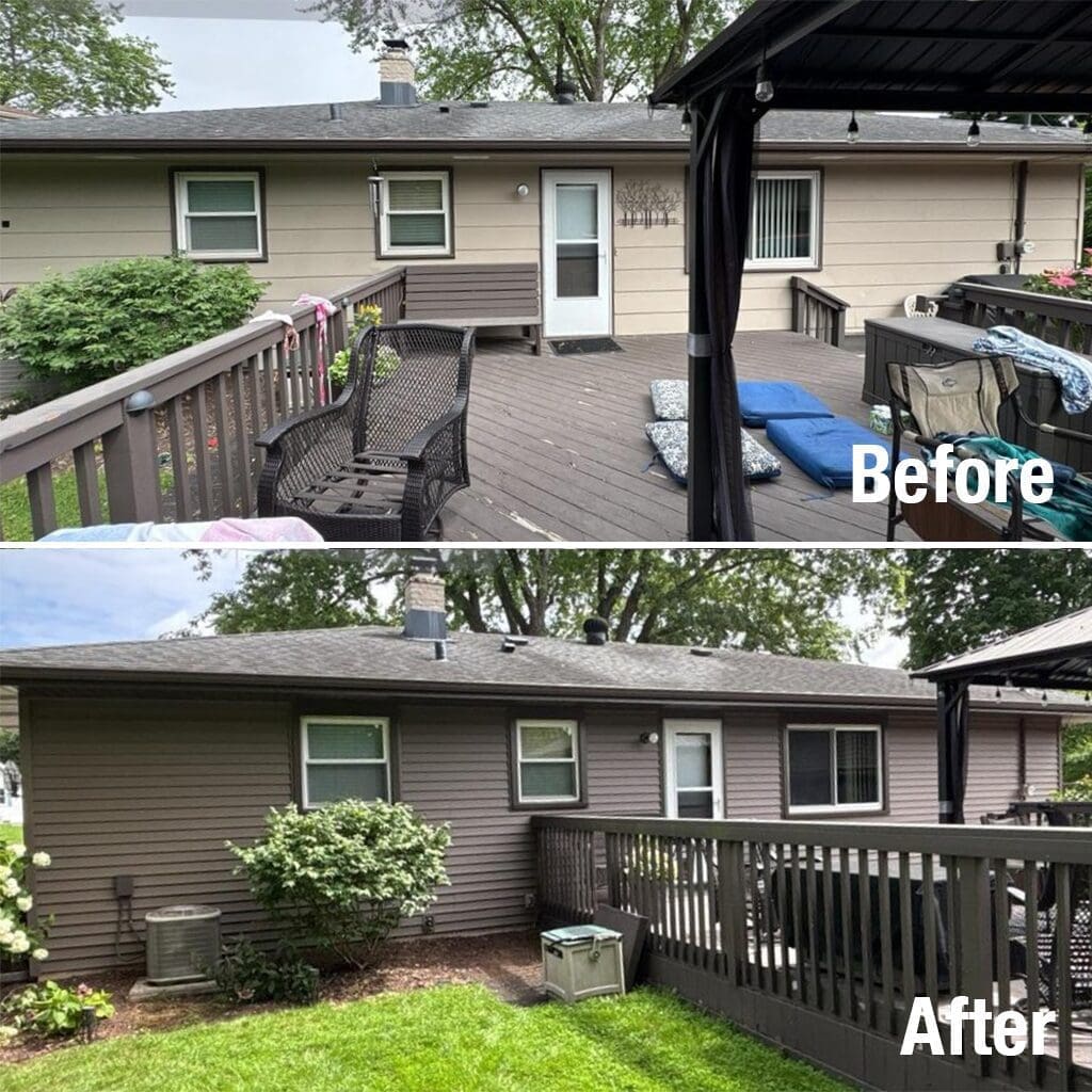 Before-after of Menomonee Falls home showing full vinyl siding replacement in Canyon color by Modern Exterior