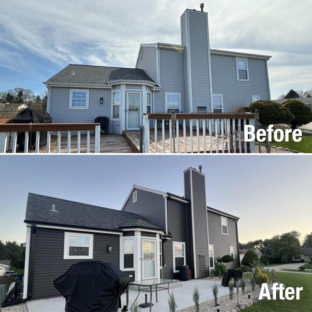 Before-and-after of Oak Creek home showing new seamless aluminum gutters installed by Modern Exterior after siding replacement