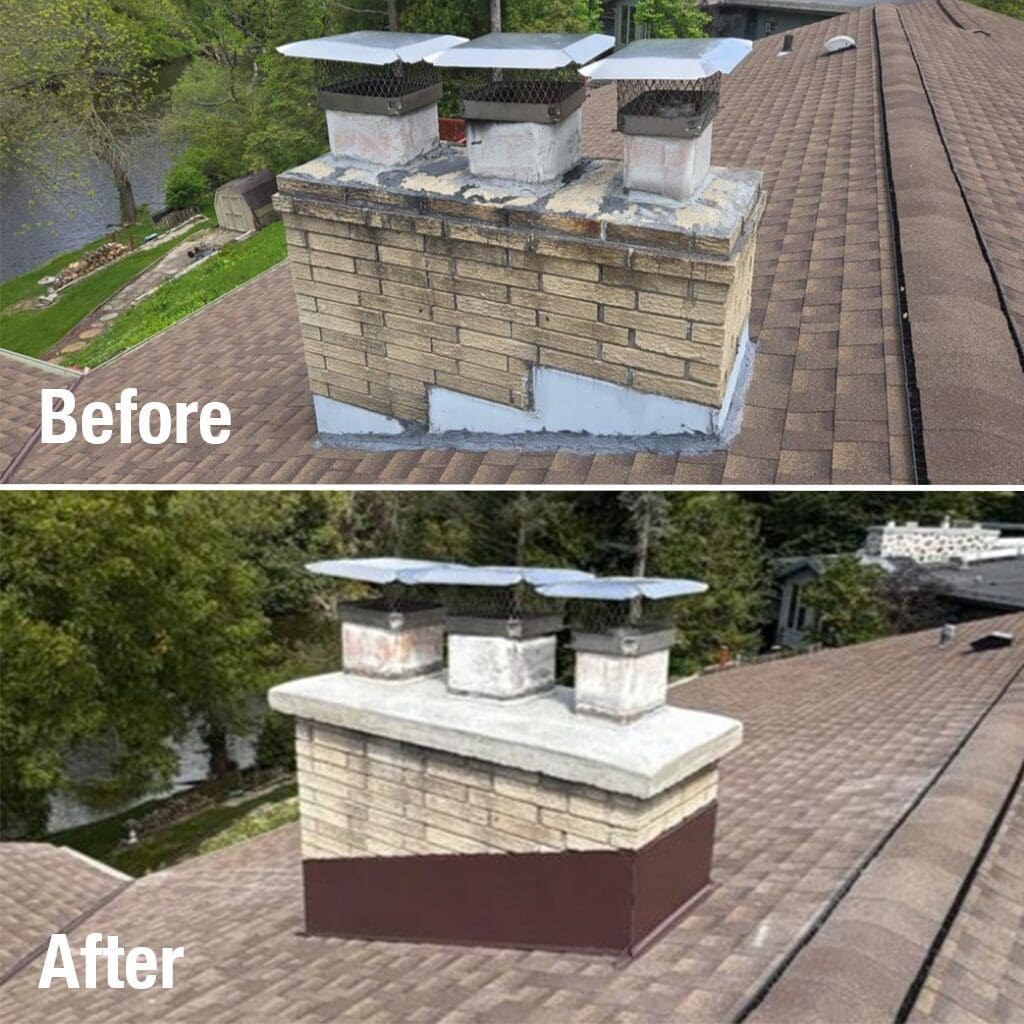 Before-After chimney job by Modern Exterior in Cedarburg Wisconsin with new concrete cap and flashing replacement