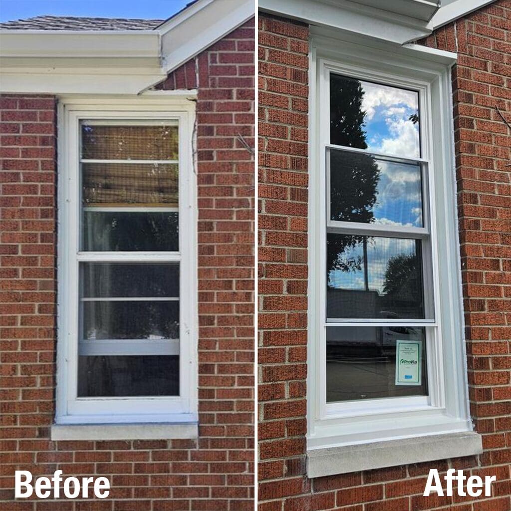 Before-After of Racine home window showing new ProVia Aspect replacement window with white aluminum exterior trim installed by Modern Exterior