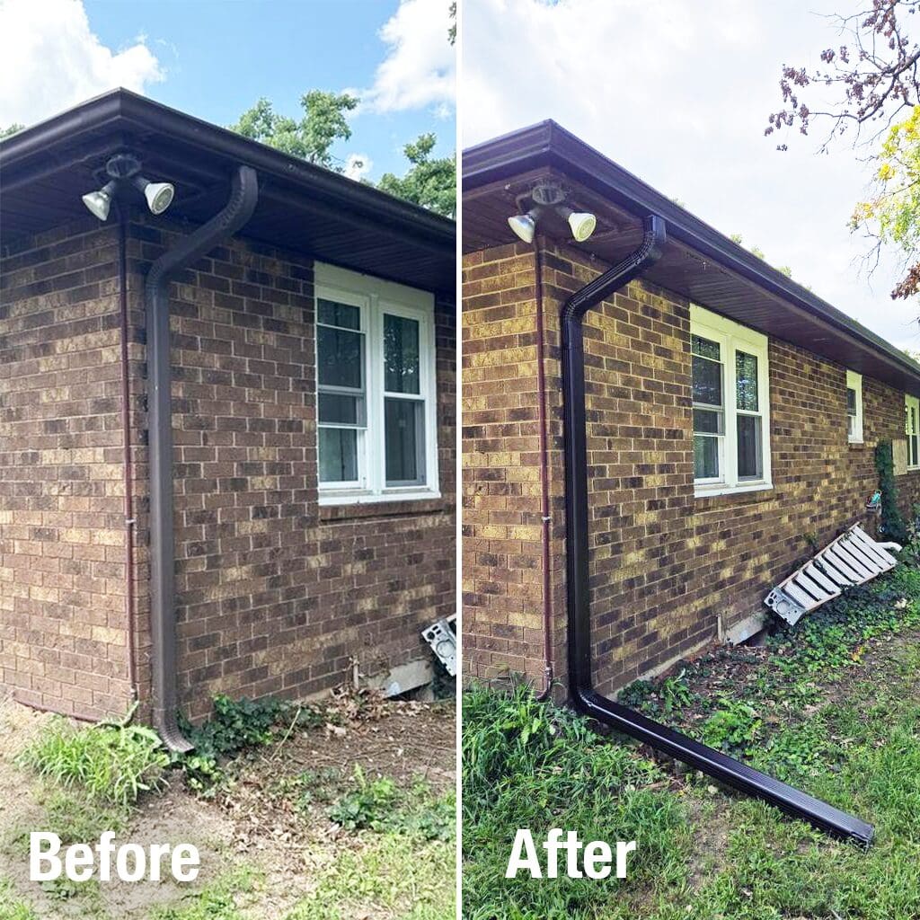 Before-and-after of Twin Lakes home showing new seamless gutter system with Raindrop Gutter Guards and downspout extension installed by Modern Exterior