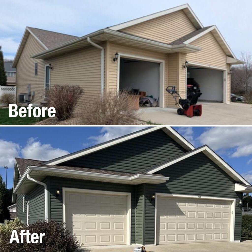 Evansville home before and after full exterior restoration with vinyl siding, new roof, gutters, and windows installed by Modern Exterior