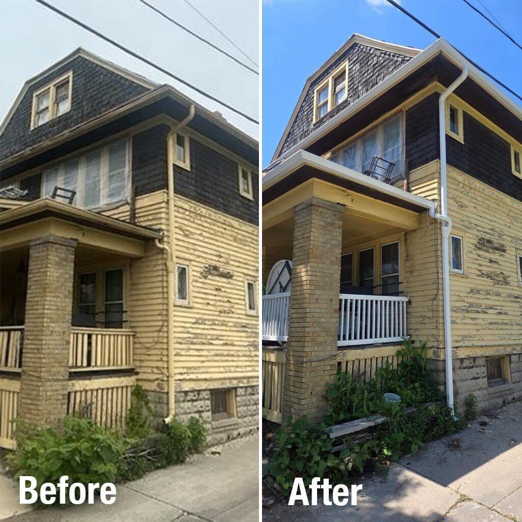 Before-after of Milwaukee home showing new seamless aluminum gutters and downspouts installed by Modern Exterior