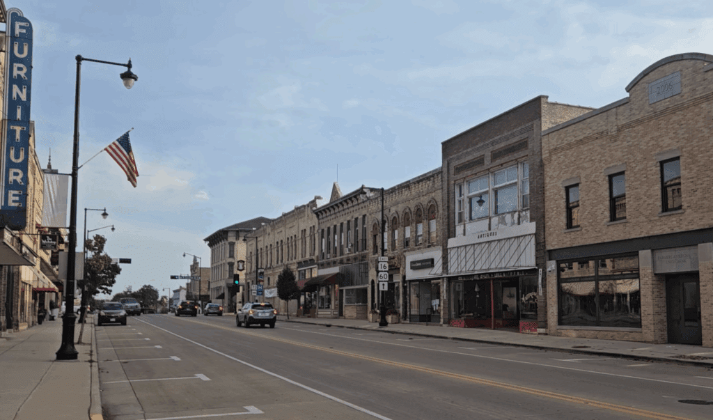 Street view downtown Columbus, WI, where Modern Exterior provides professional roofing and exterior remodeling services.