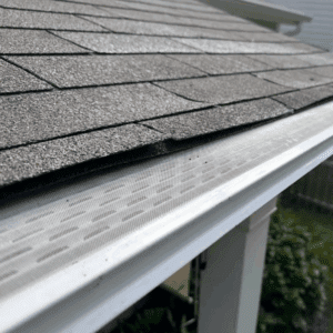 Close-up of a Gekko Gutter Guard preventing clogs while maintaining smooth water flow on a Wisconsin home