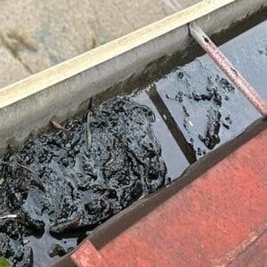 Gutter filled with dirt and debris, showing the importance of regular gutter maintenance and protective solutions by Modern Exterior.