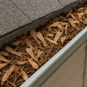 Close-up of a house gutter clogged with maple tree seeds (helicopters) and small debris, illustrating how seed pods can build up and obstruct rainwater flow.