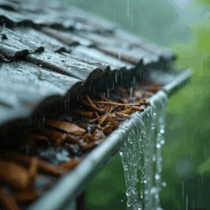 Gutter overflowing with rainwater, highlighting the need for gutter guards and professional installation by Modern Exterior to prevent water damage.