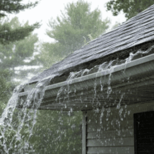 Gutter overflowing with rainwater during a heavy downpour, showing how clogged or undersized gutters can cause water to spill over the roof edge and damage siding.