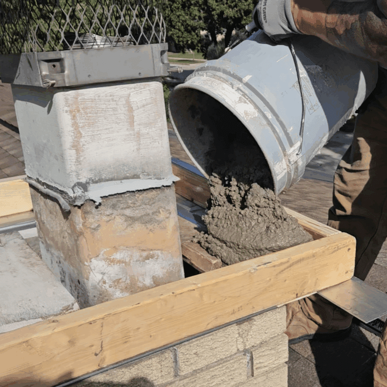 Technician pouring a new concrete chimney cap on a Cedarburg home by Modern Exterior to create a durable, weatherproof finish