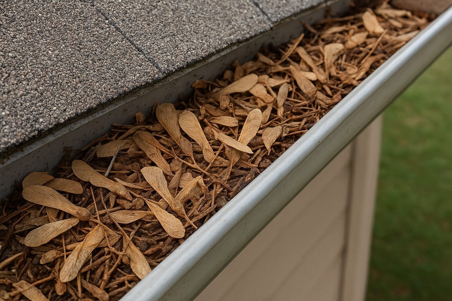 Close-up of a house gutter clogged with maple tree seeds (helicopters) and small debris, illustrating how seed pods can build up and obstruct rainwater flow.