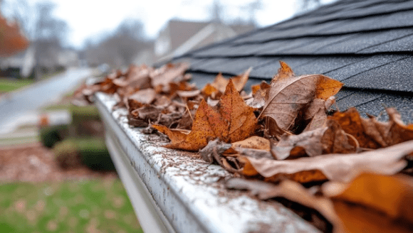 Close-up view of a home’s gutter clogged with brown and red maple leaves during fall, showing how seasonal debris can block water flow along the roof edge.