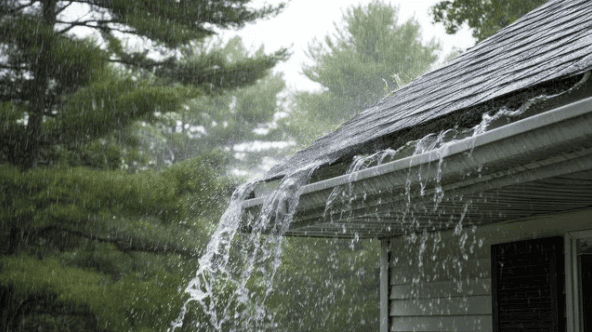 Gutter overflowing with rainwater during a heavy downpour, showing how clogged or undersized gutters can cause water to spill over the roof edge and damage siding.