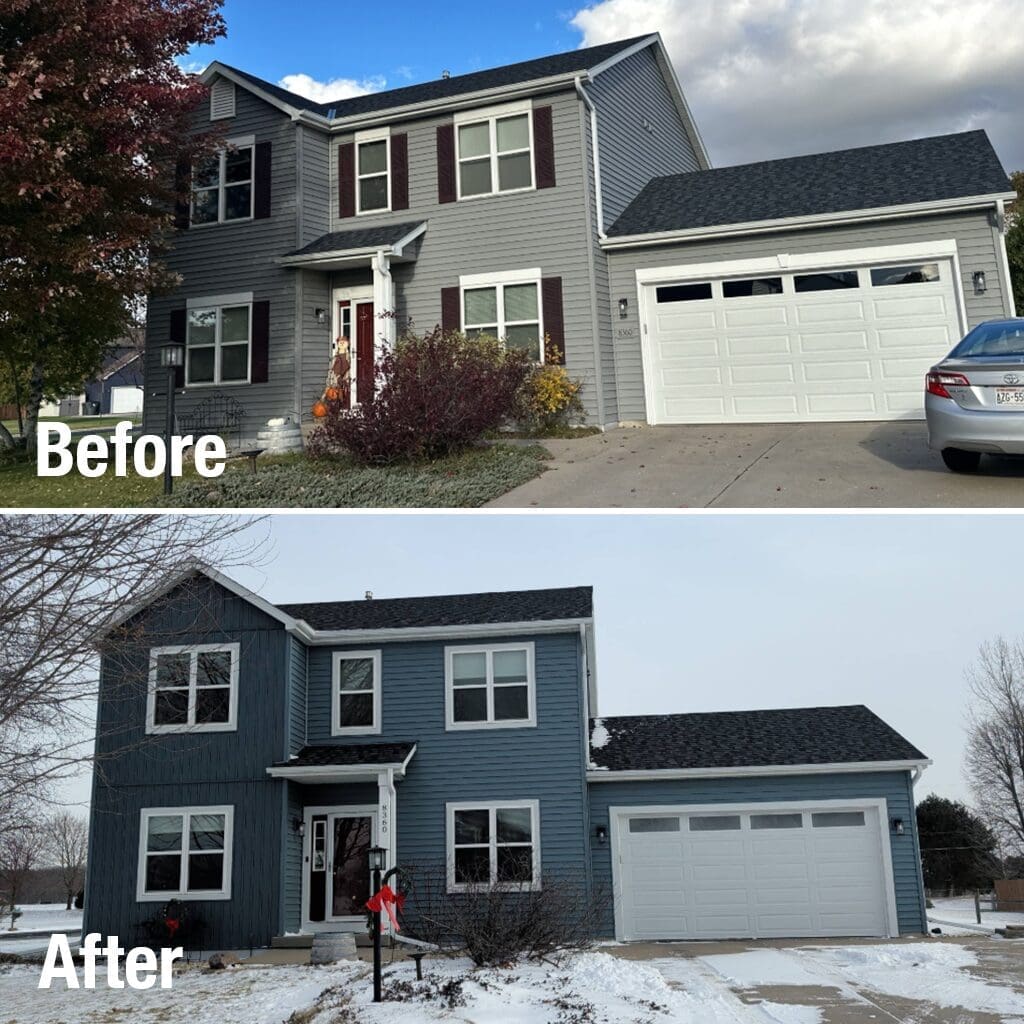 Before and after exterior renovation by Modern Exterior of an Ixonia, WI home after hail damage, featuring new LP SmartSide siding with board and batten in Pacific Blue, updated trim, and a modernized front elevation.