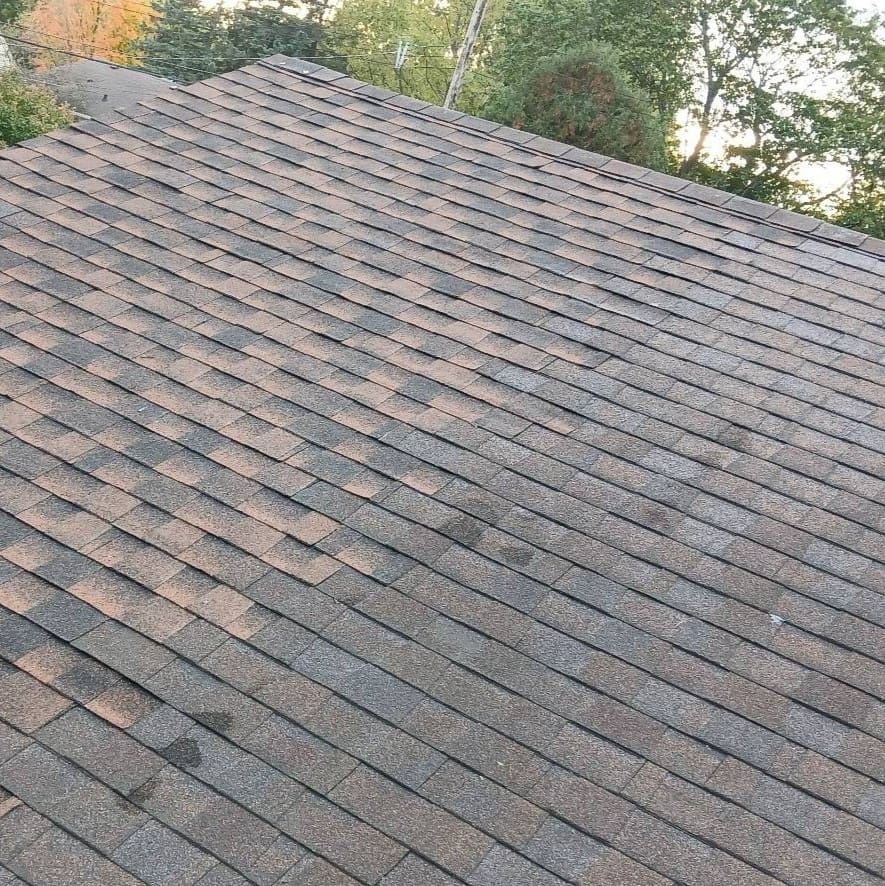 Roof repair in Bayside after chimney removal, showing new asphalt shingles installation.