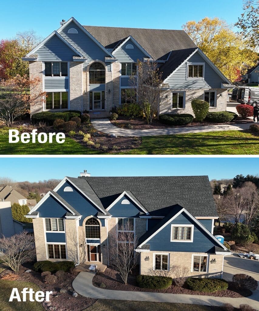 Before and after of Nordic Granite Black roof replacement with new Velux skylights on Brookfield home
