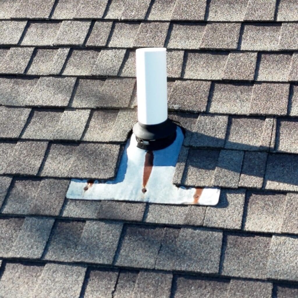 Before photo of roof vent with rusted metal flashing on aging shingle roof prior to replacement