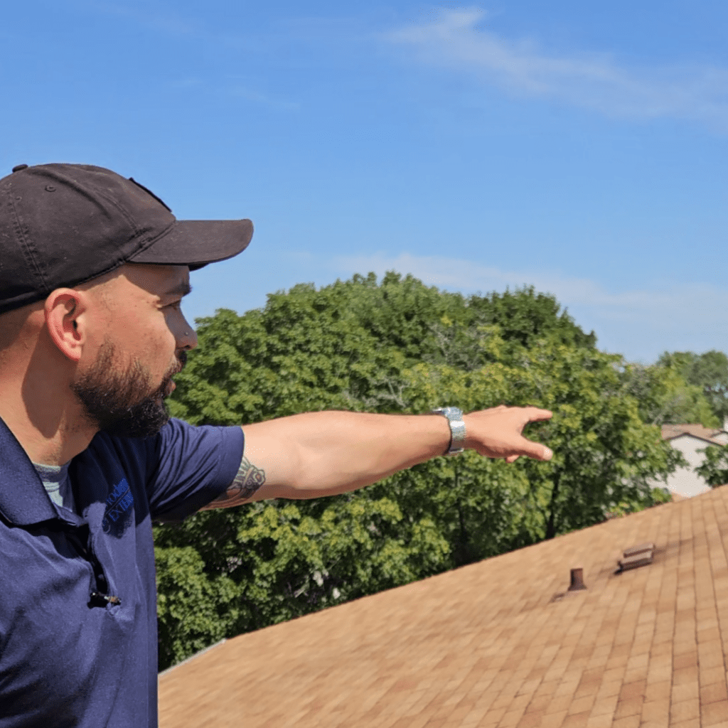 Modern Exterior roofing expert inspecting a residential roof.