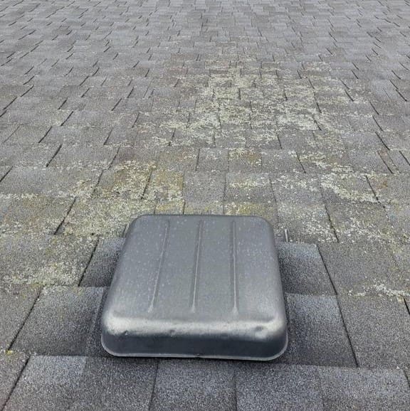 Signs of roof damage and moisture staining visible around a roof vent on an asphalt shingle roof.