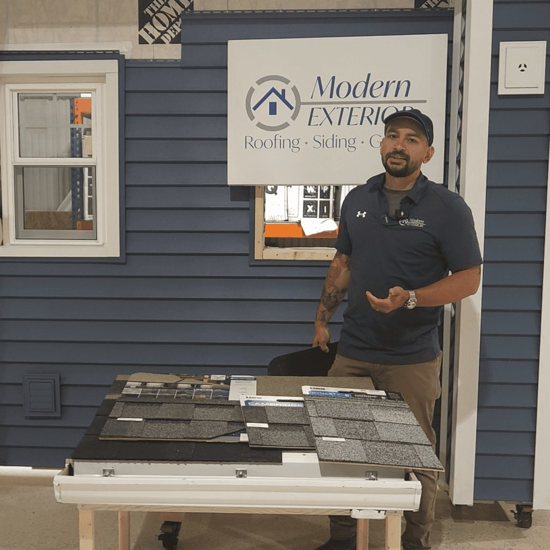 Modern Exterior roofing specialist showing several architectural asphalt shingle options and colors.