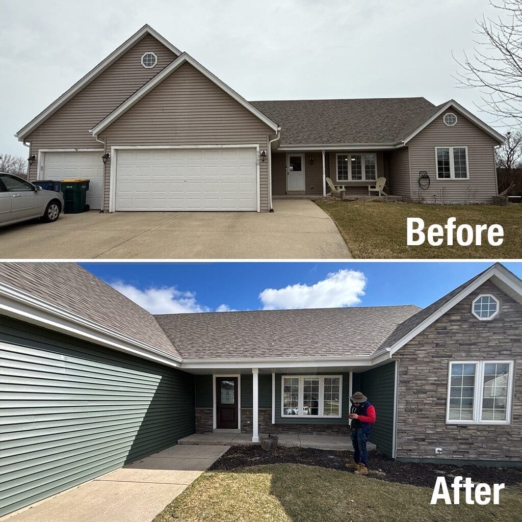 Before and after of a home exterior in Oak Creek showing transformation with mixed siding materials, including new board and batten, shake siding, and Versetta stone, creating a modern, cohesive front elevation with updated trim and gutters